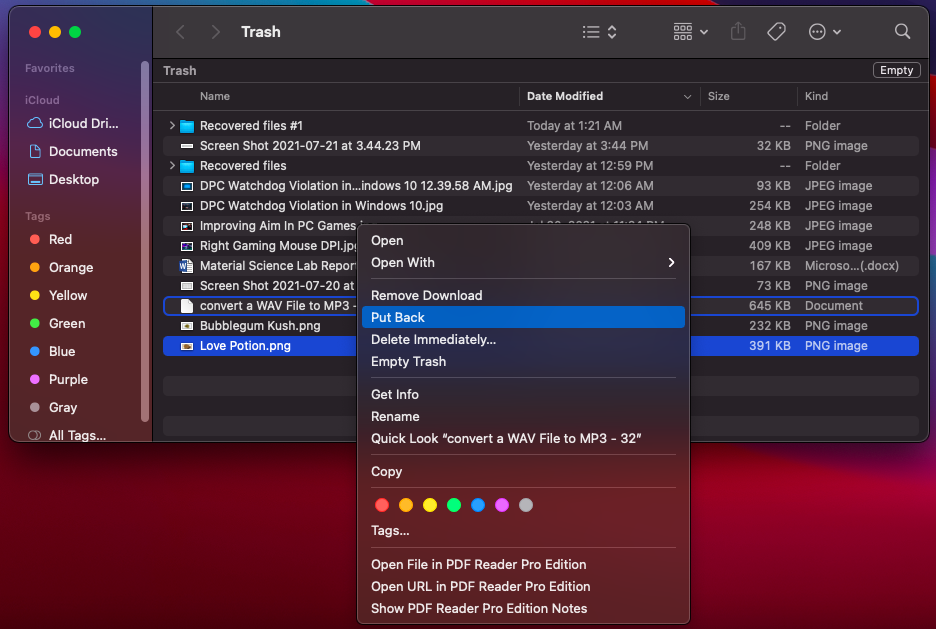 put back option for files recovery macos