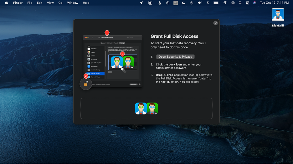 Launch Disk Drill and grant permissions for Mac partition recovery