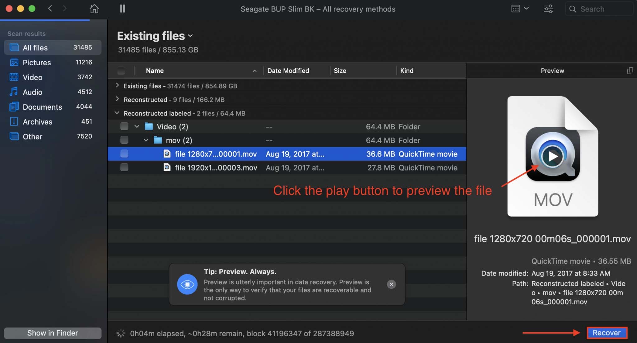 disk drill file preview window