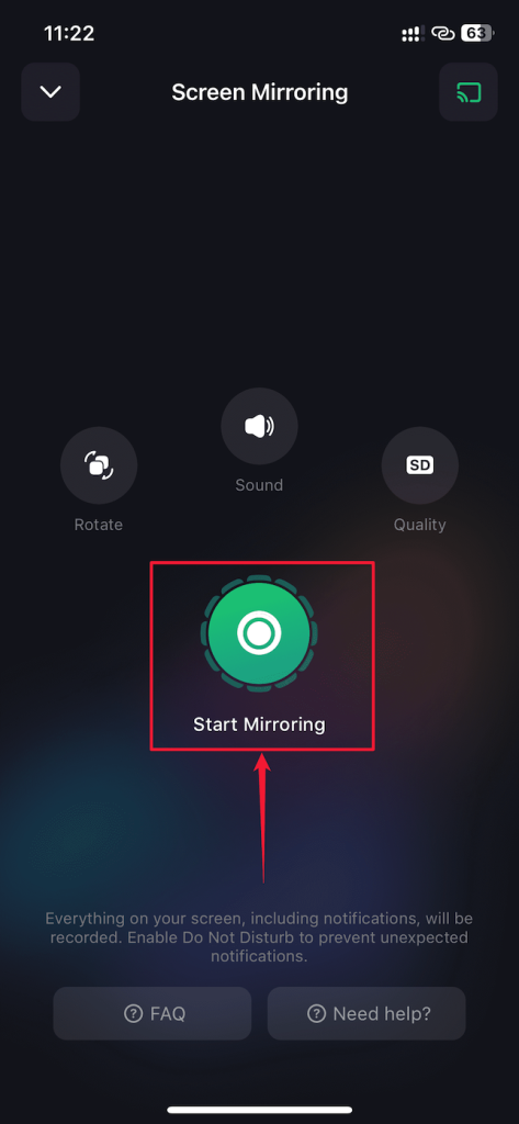 Tap the Start Mirroring option in the SmartTV Cast app