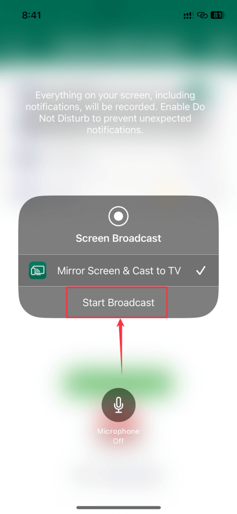 Select the Start Broadcast option in the iOS pop-up to allow the Screen Mirror app