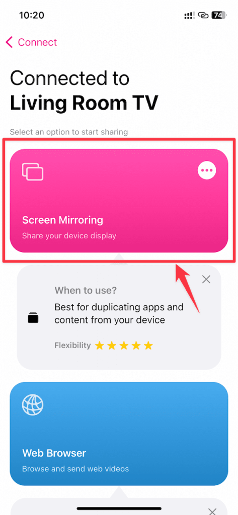 Select the Screen Mirroring option in the Replica app