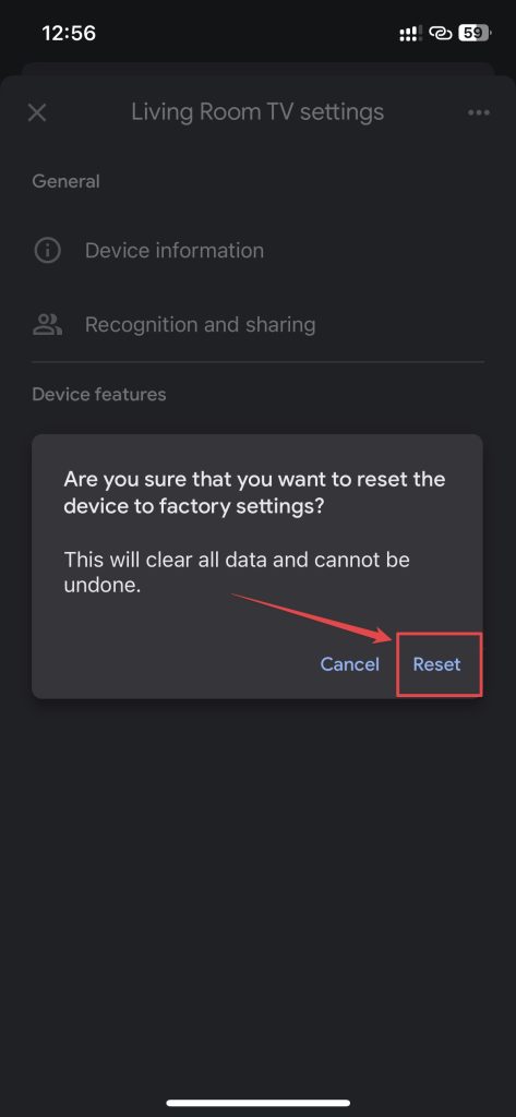 Tap the Reset option in the confirmation prompt