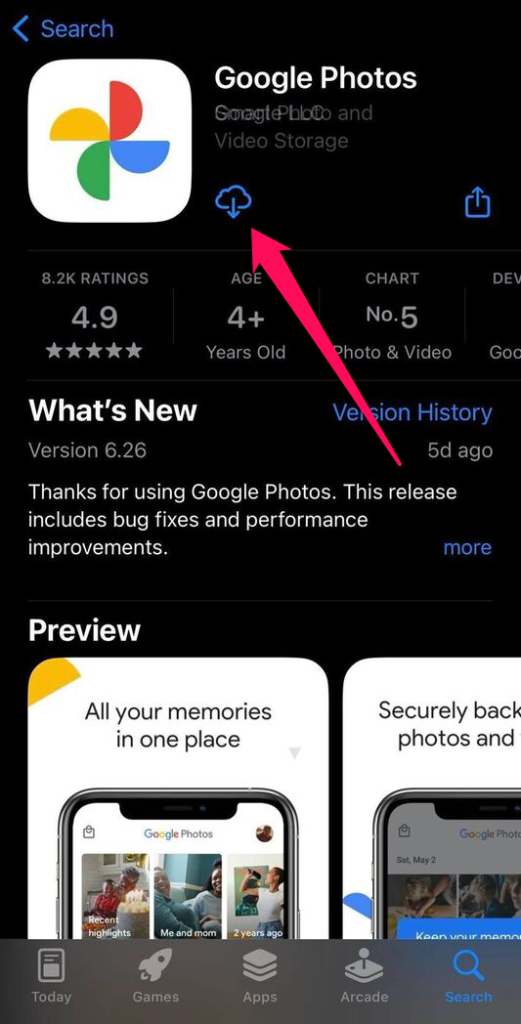 You can download Google Photos from the App Store