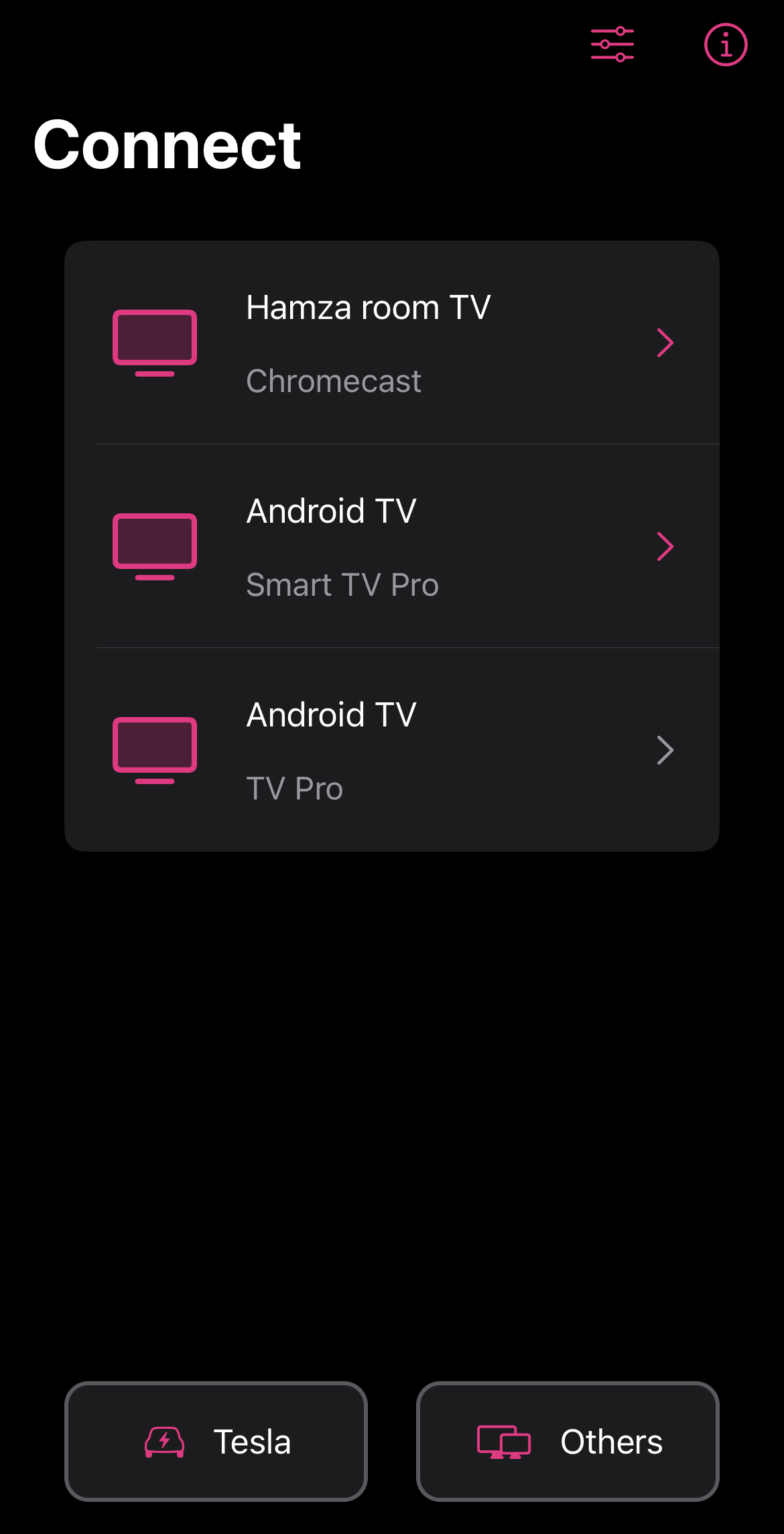 List of the Chromecast devices on the Replica app