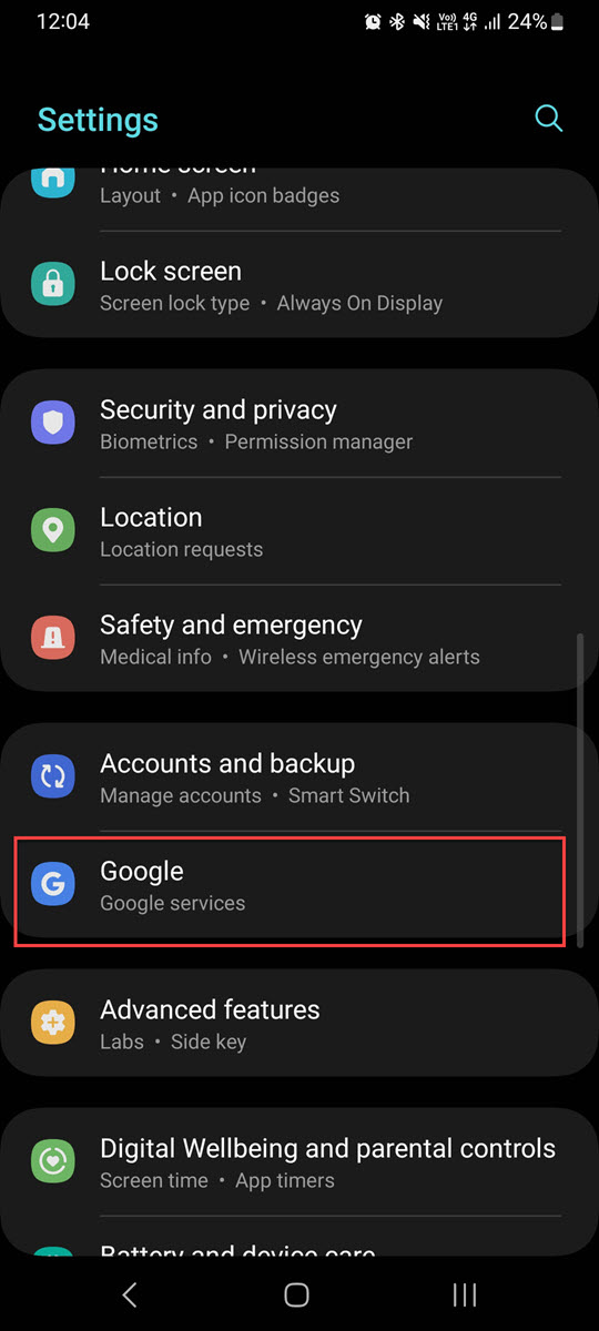 Google app in the Settings on Android phone