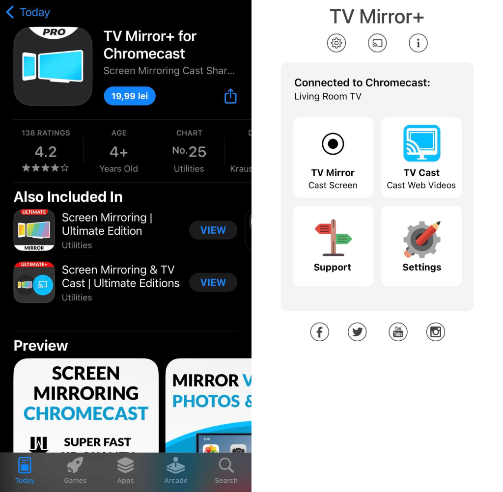 A combined picture, with TV Mirror+ on the App Store on the left, and the homepage of TV Mirror+ on the right