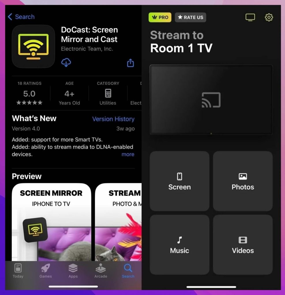 Use the DoCast app to connect iPhone to Chromecast TV