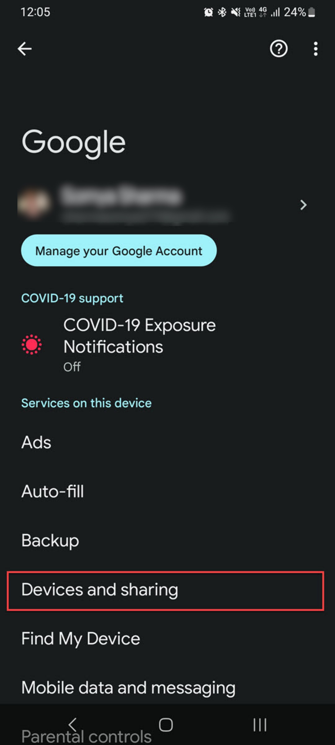 Devices and Sharing options on Android phone