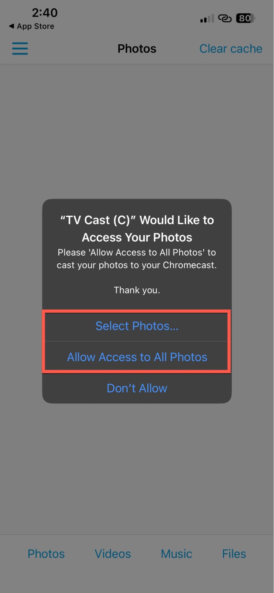 Give access to the photos to TV Cast Chromecast
