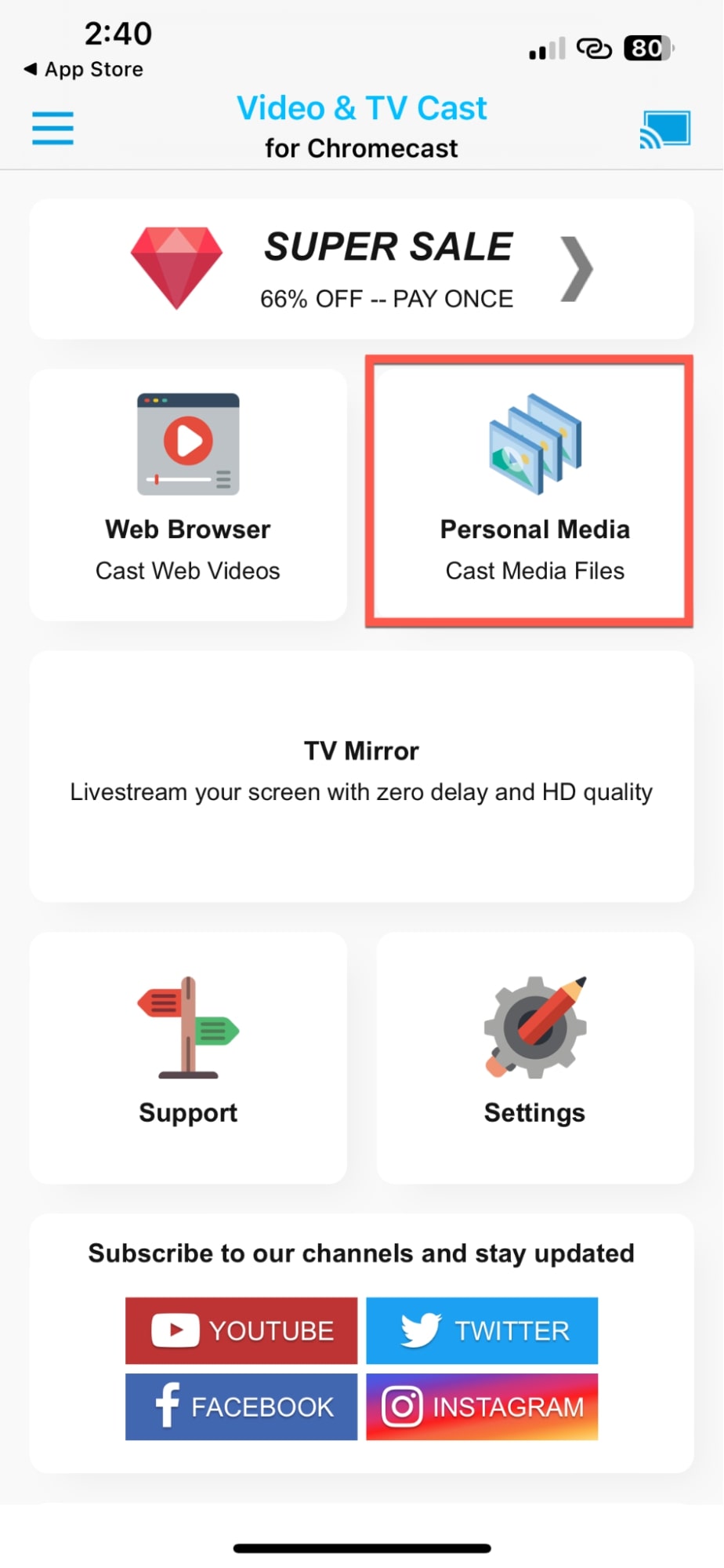 Tap the Personal Media button in TV Cast Chromecast