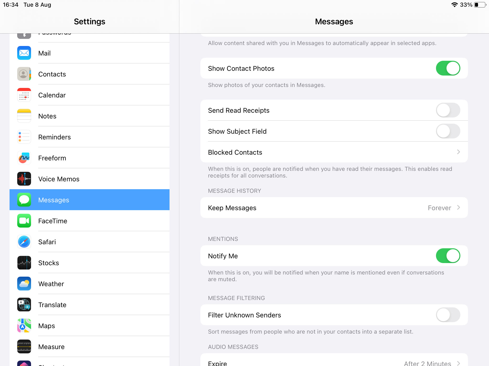 Set keep messages time in iPad settings
