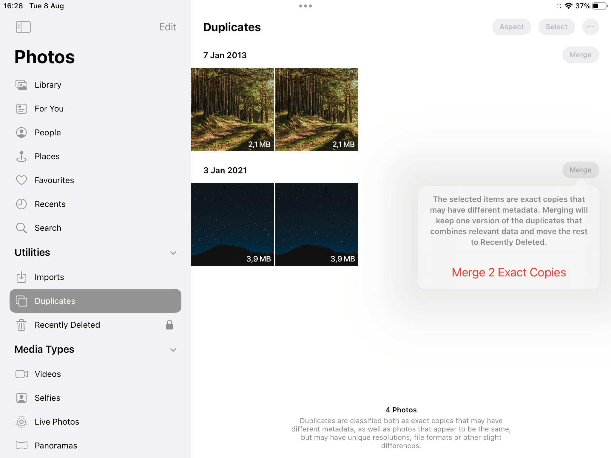 Merge photos in Duplicates album on iPad