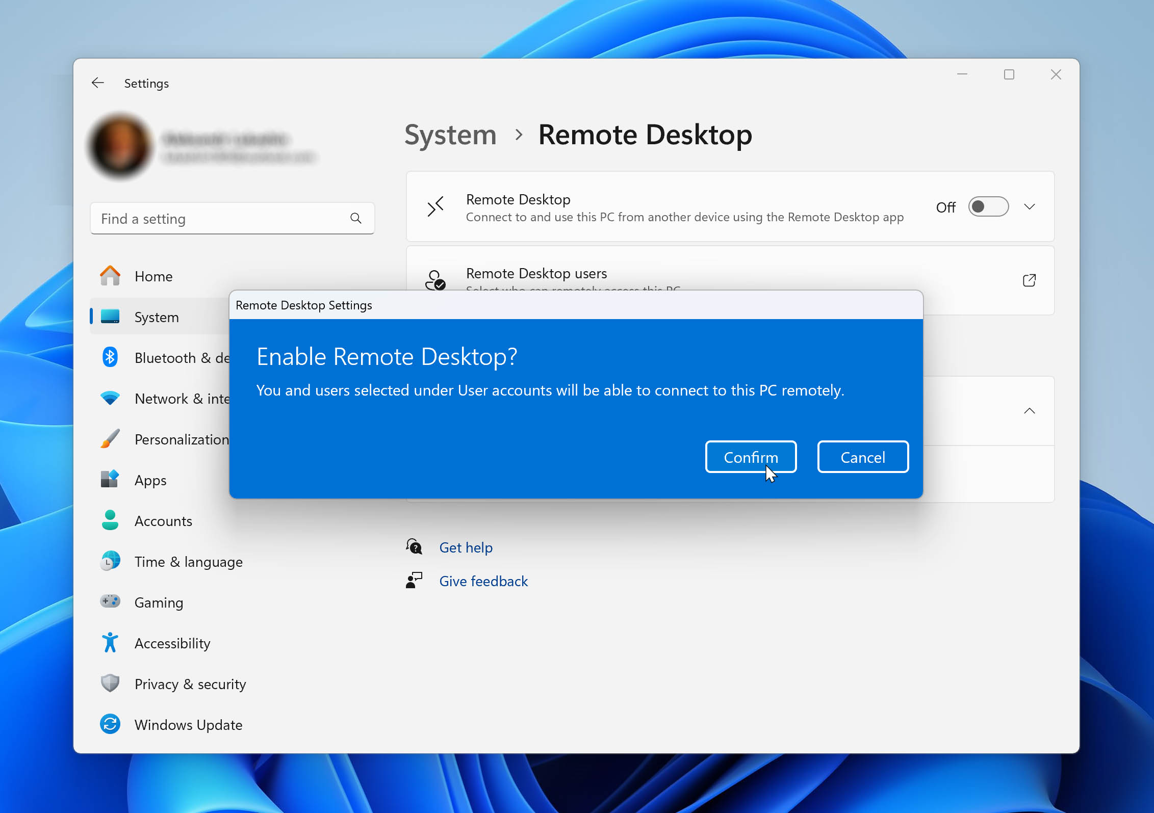 Enable remote desktop in Windows Settings