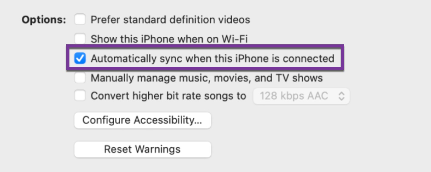 itunes automatically sync when this iphone is connected