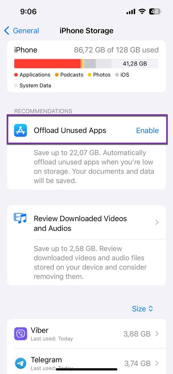 offload unused apps highlighted purple
