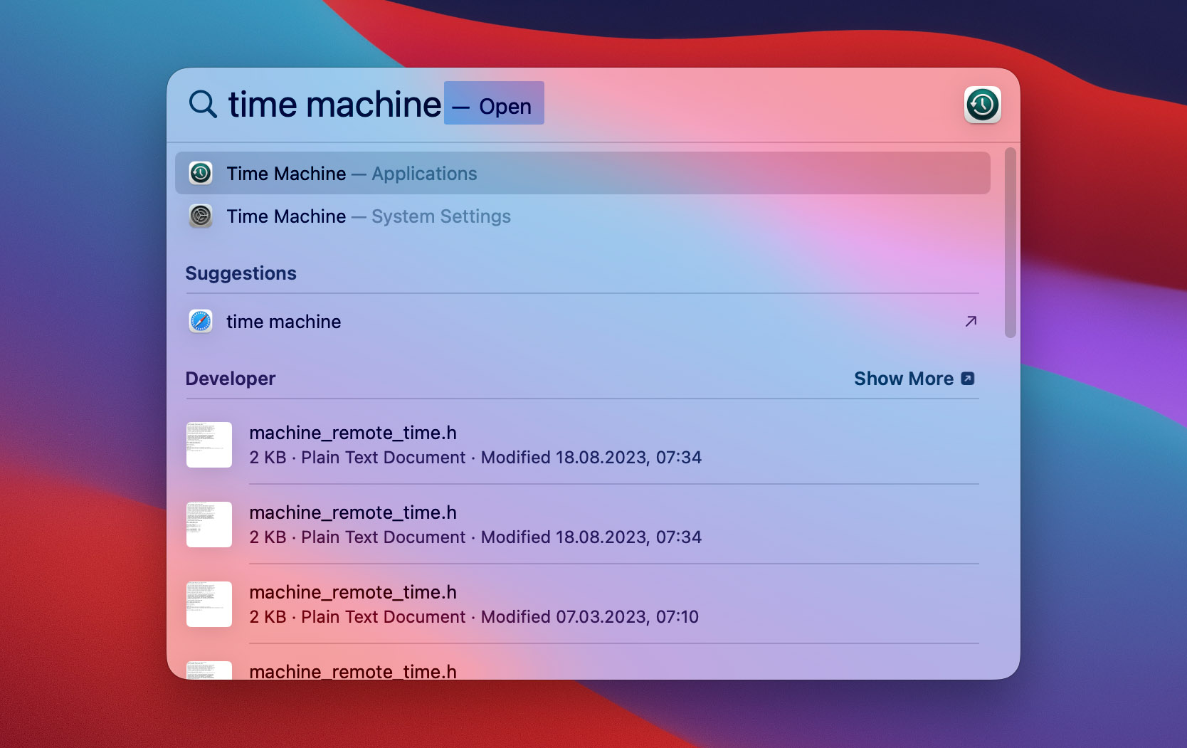 searching time machine on spotlight search bar