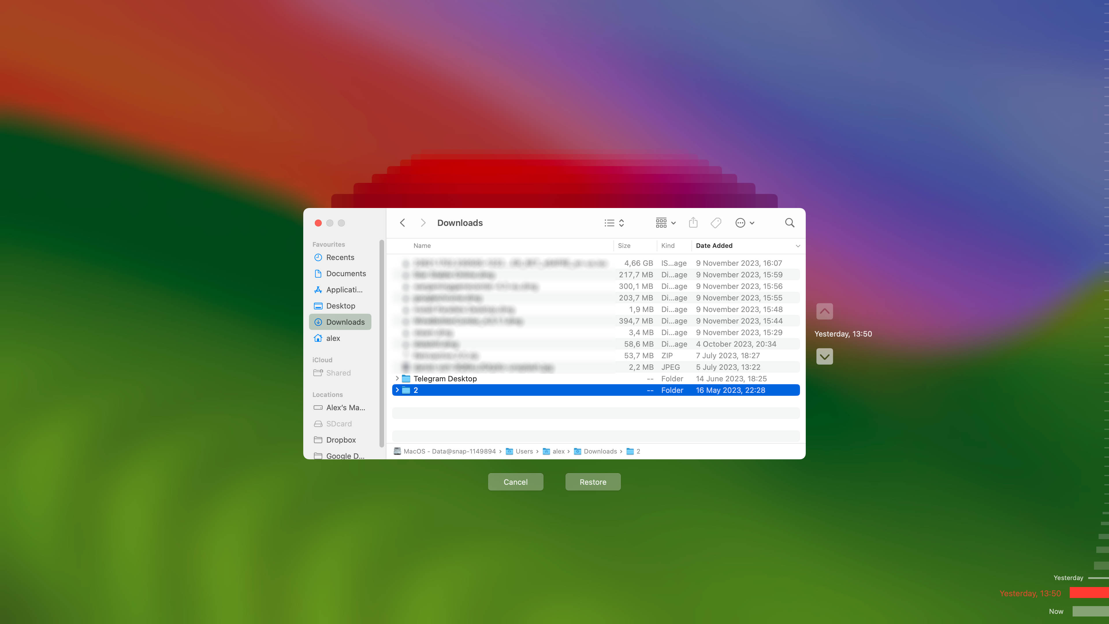 restore folder with time machine snapshot