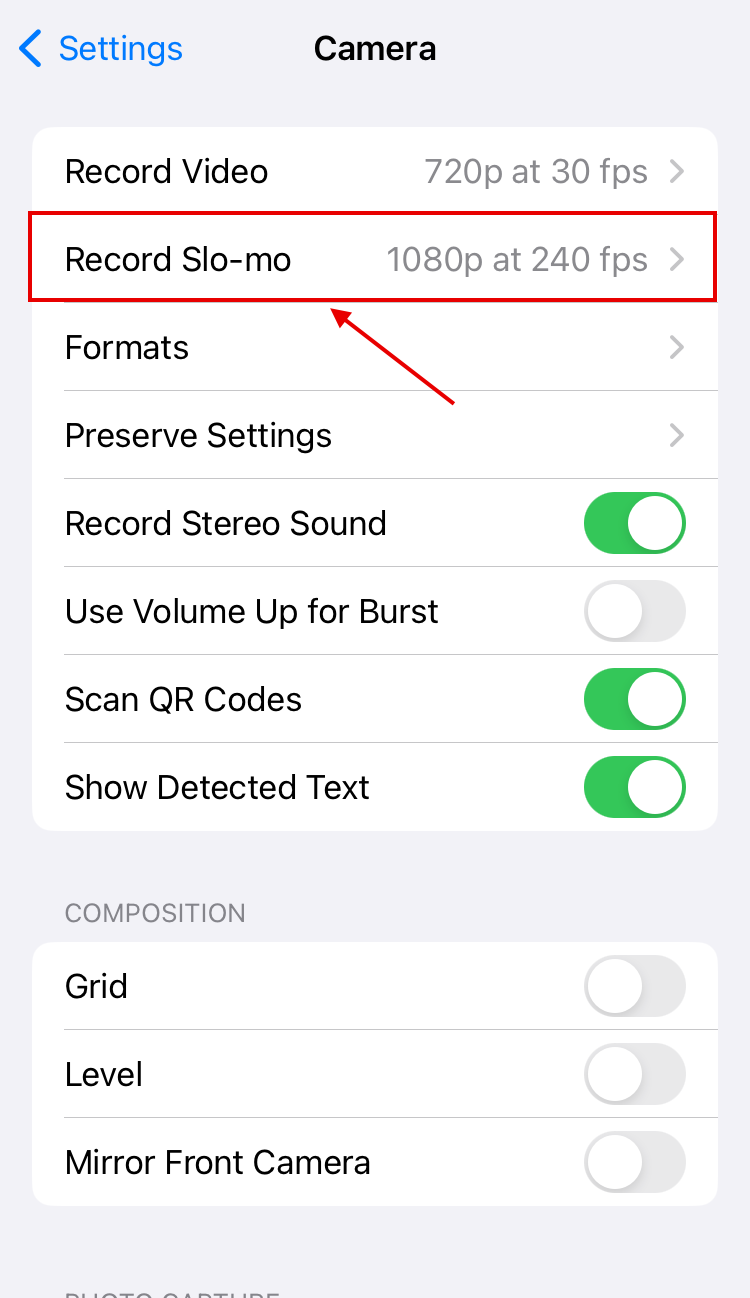 Record sio-mp 1080 At 240fps under camera in settings app