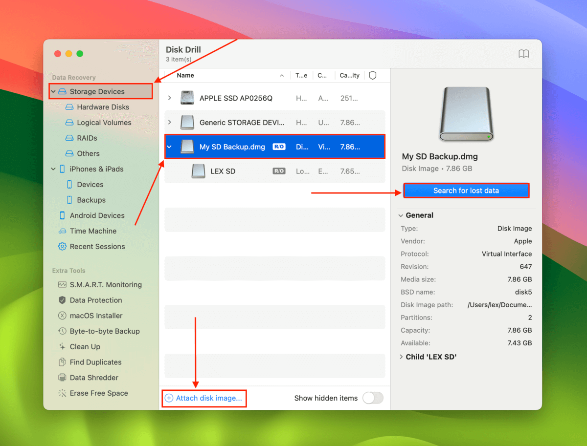 SD Card image backup in Disk Drill's drive selection menu