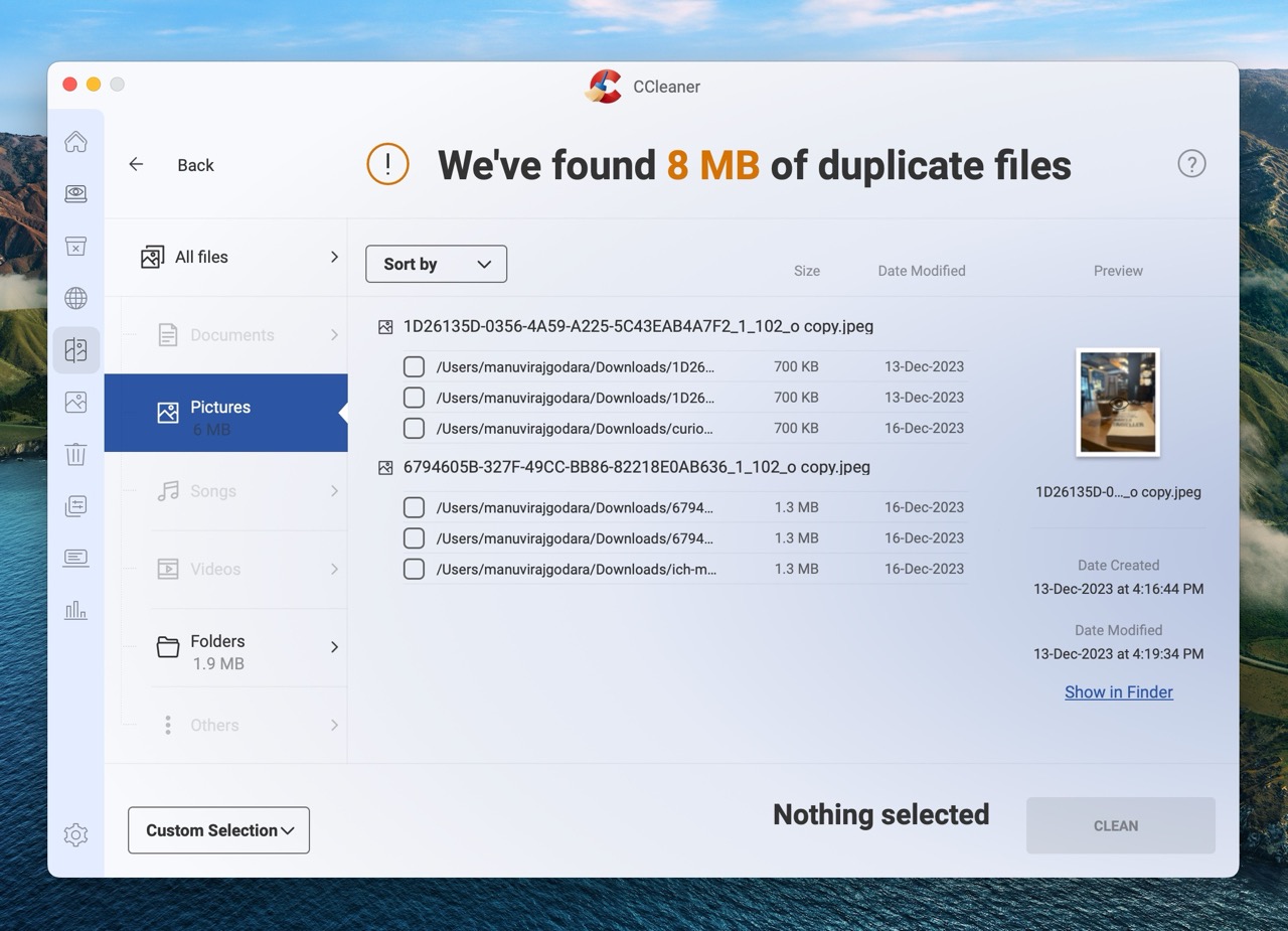A screenshot of the CCleaner application on a Mac showing the duplicate files finder feature. The interface displays a message "We've found 8 MB of duplicate files" with a list of duplicate pictures, their sizes, and modification dates.