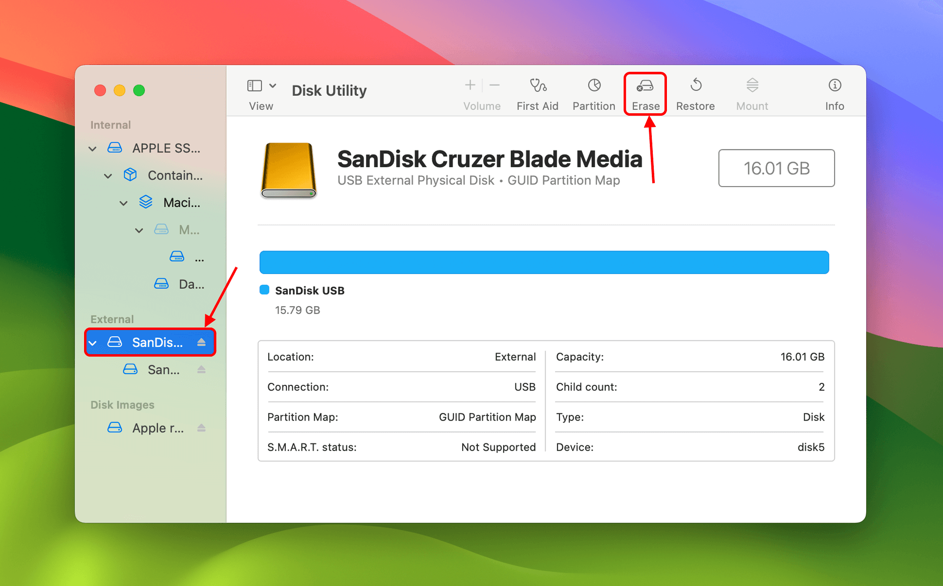 Select sandisk in internal menu, then click erase