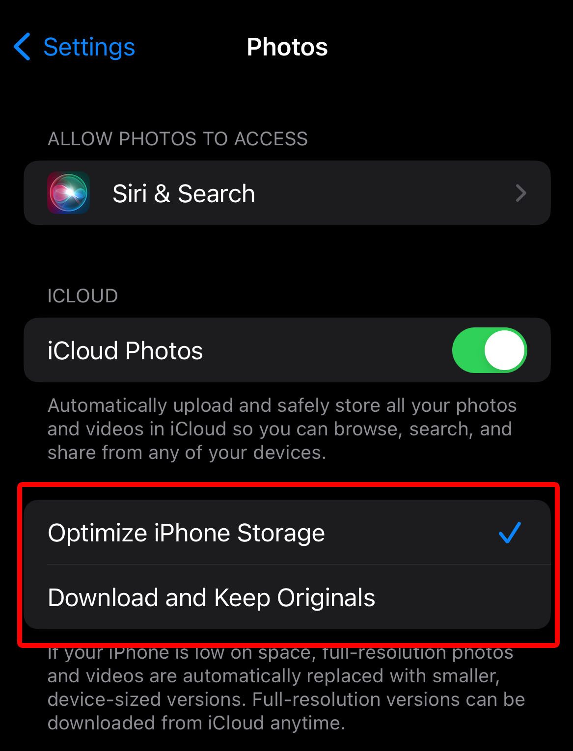select optimize iphone storage