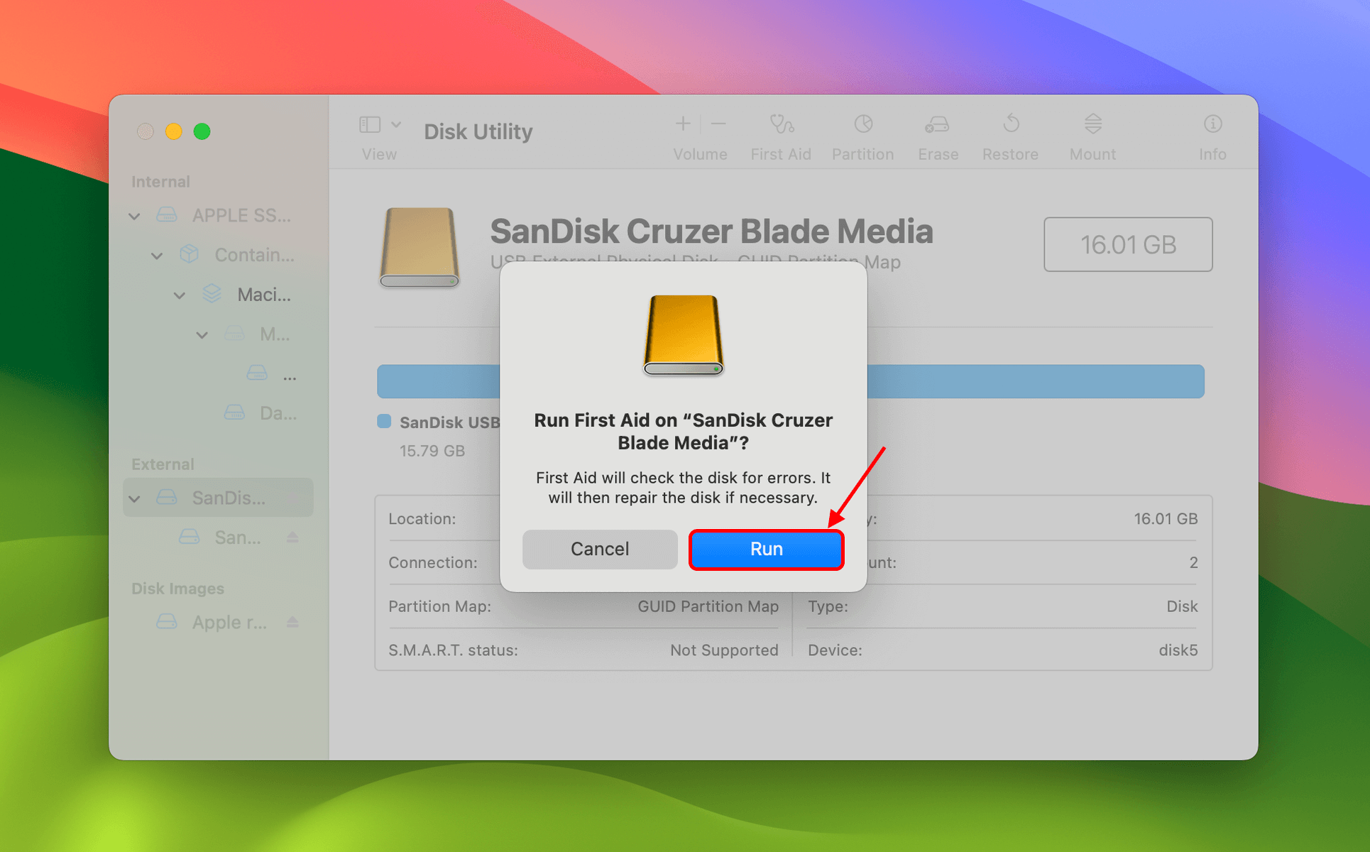 Click run in first aid on sandisk cruzer media blade