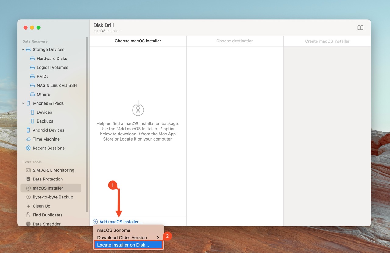 Disk Drill's macOS Installer window with options to add a macOS installer or locate it on the disk.