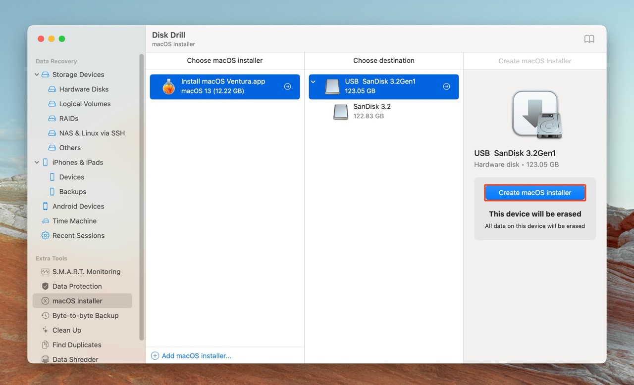 Disk Drill window displaying the selected "Install macOS Ventura.app" with the "USB SanDisk 3.2Gen1" destination highlighted and a button to "Create macOS Installer."
