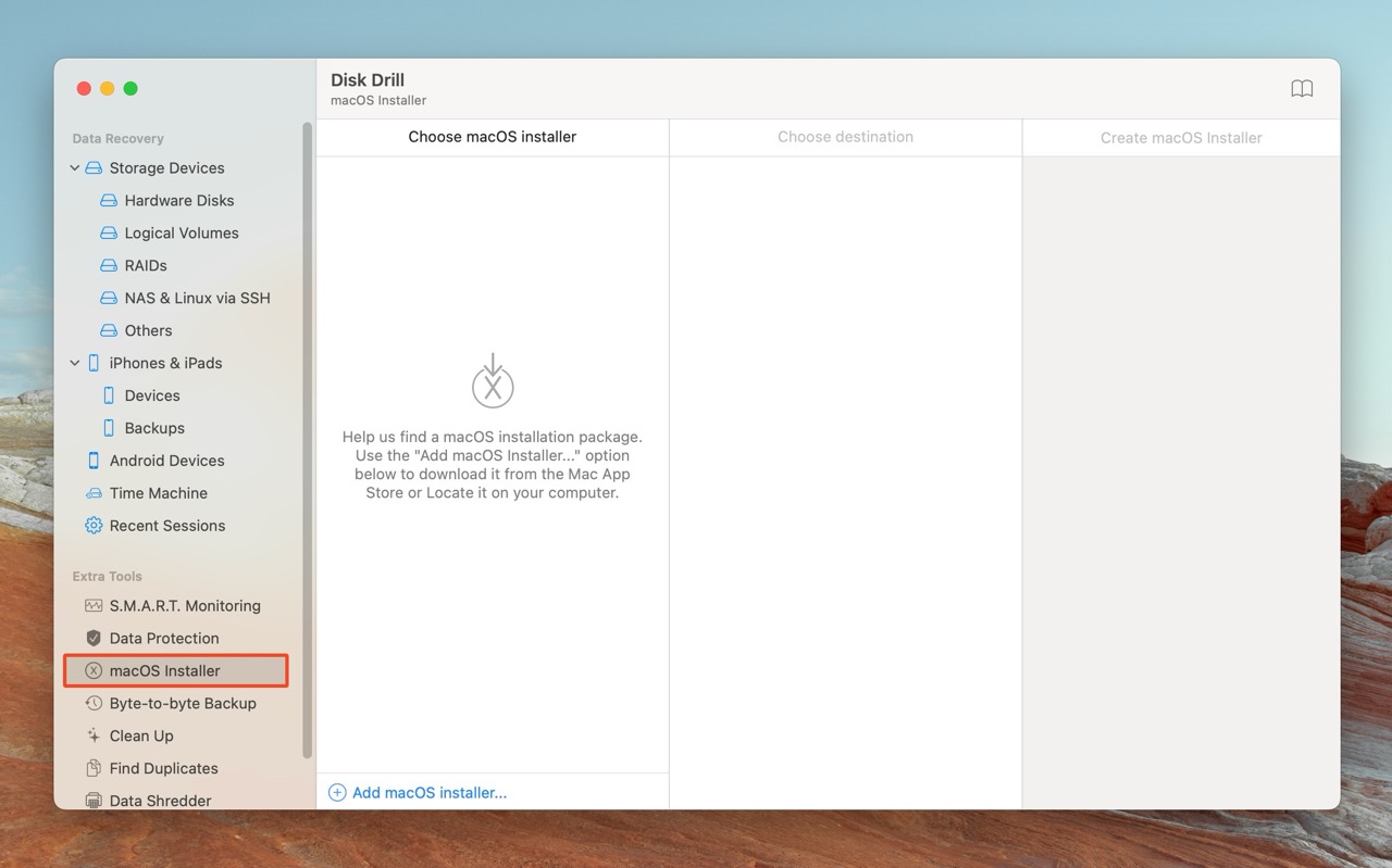 Disk Drill's sidebar highlighting the "macOS Installer" option.
