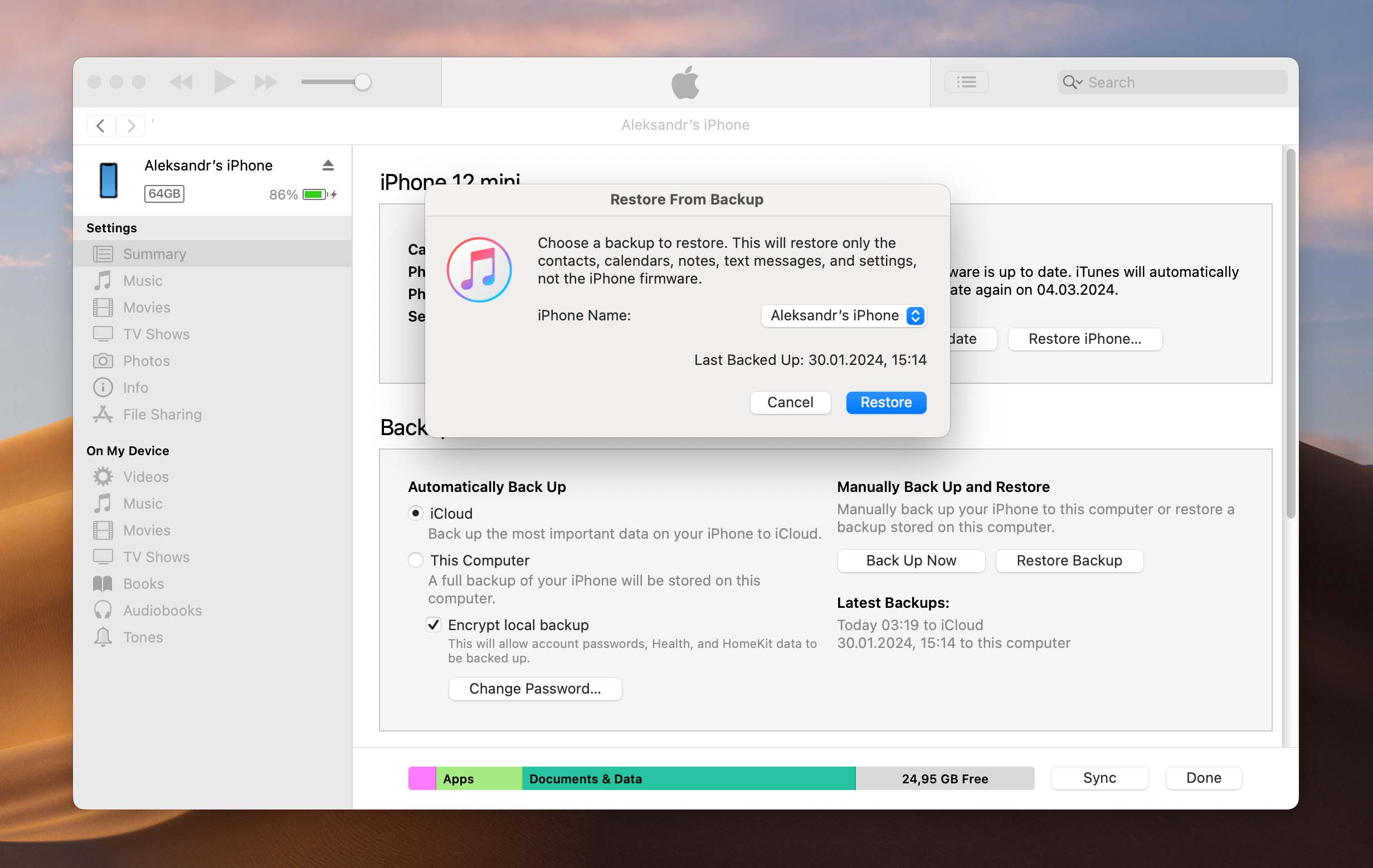 Select iTunes backup and restore