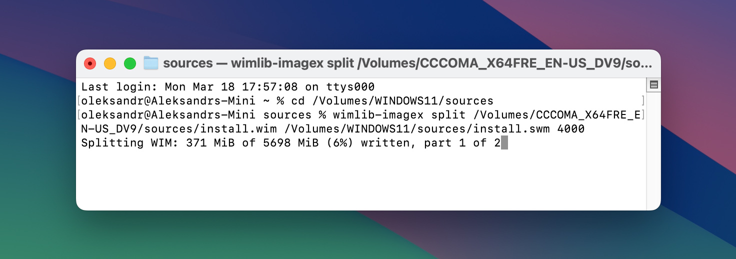 split install.wim file with wimlib utility