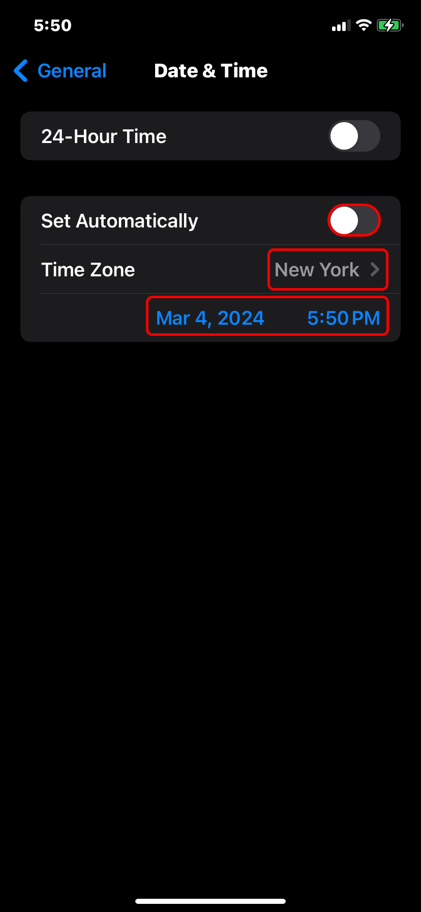 Date and time in Settings