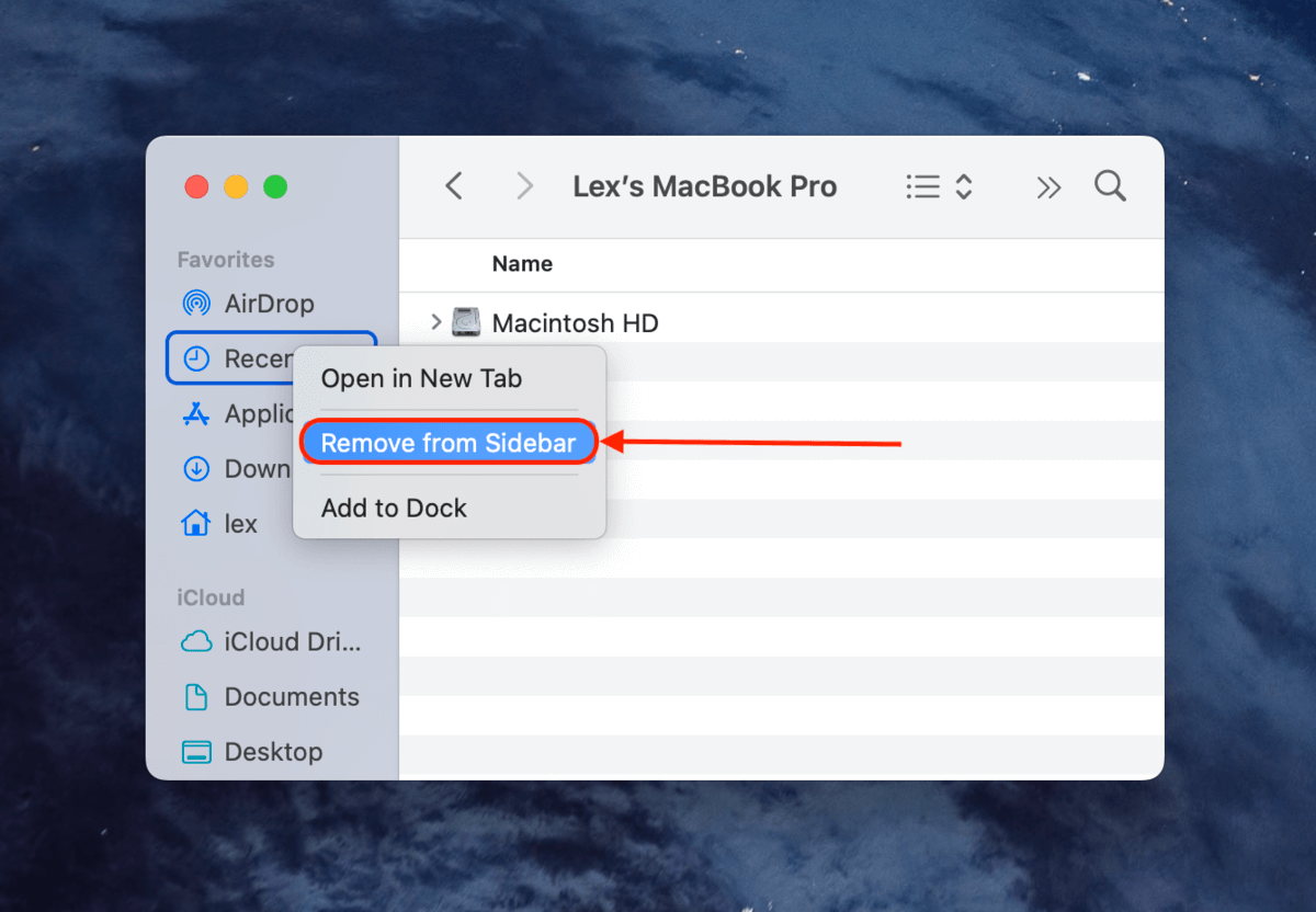 Remove Recents from Finder Sidebar using right-click menu