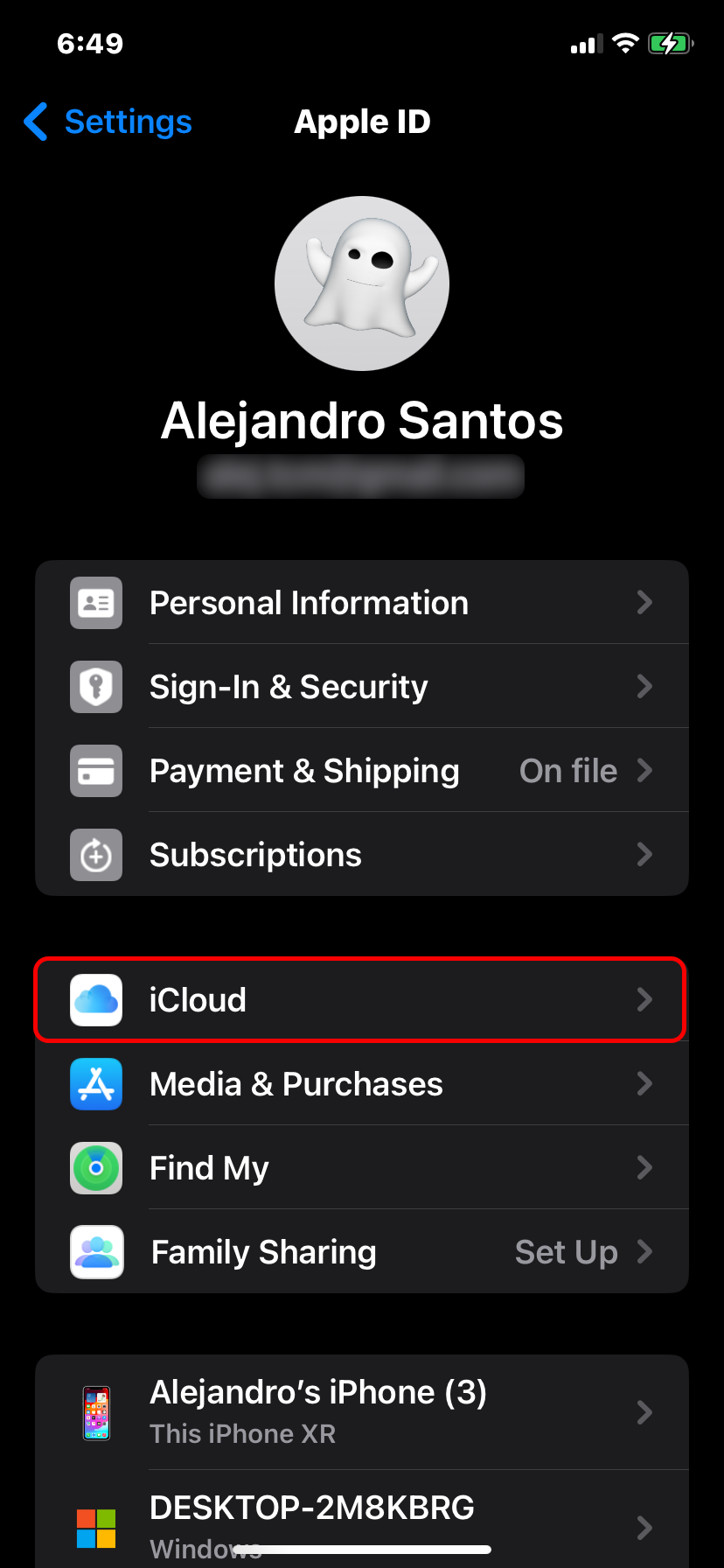 iCloud in settings App