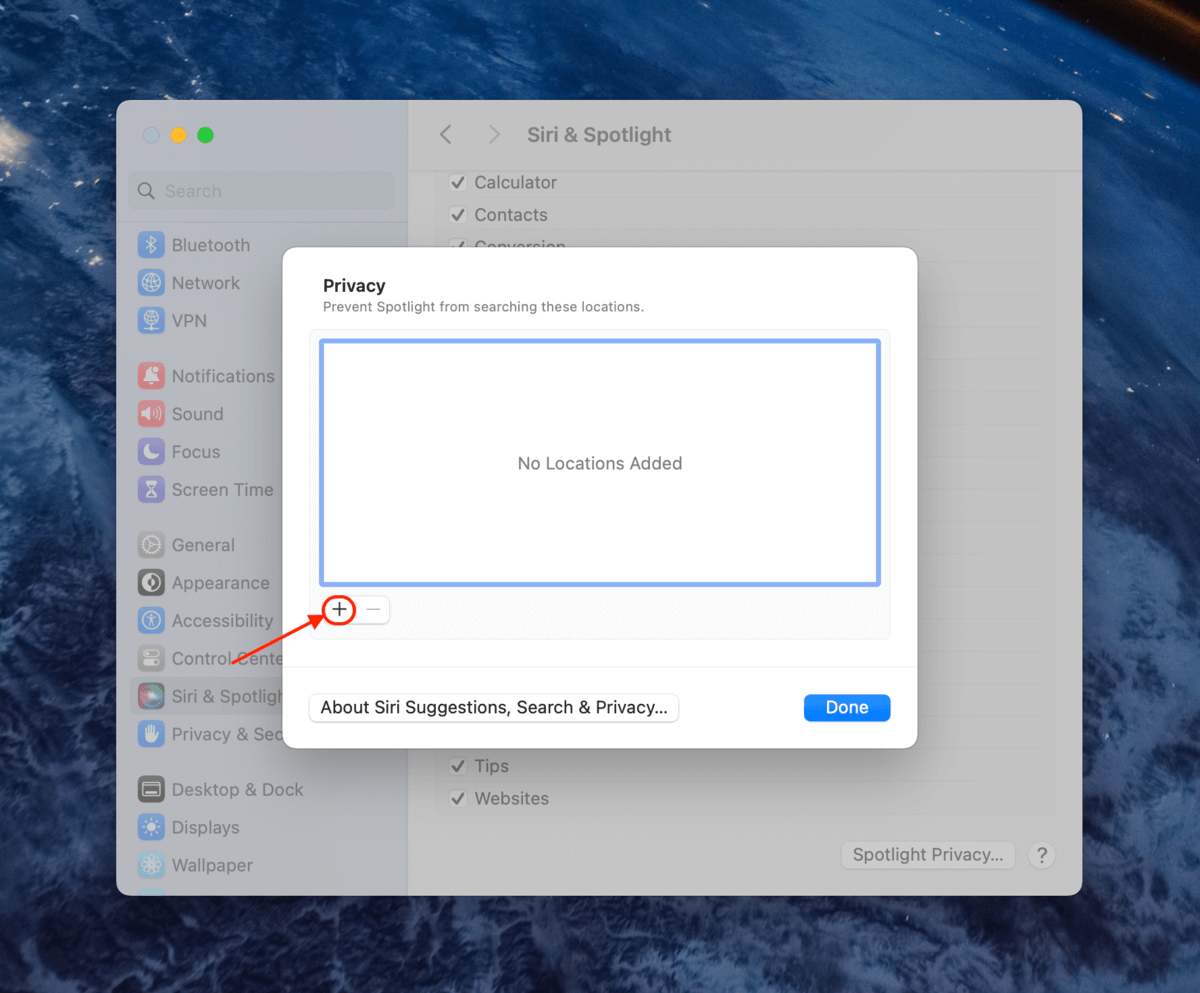 Adding a folder to Spotlight Privacy settings