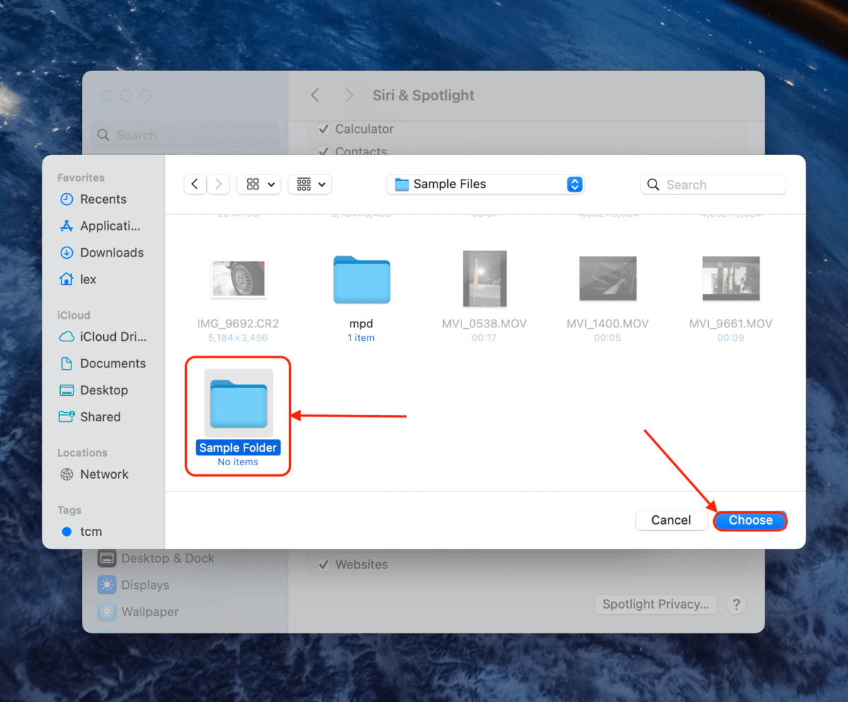 Spotlight Privacy selection menu for files and folders