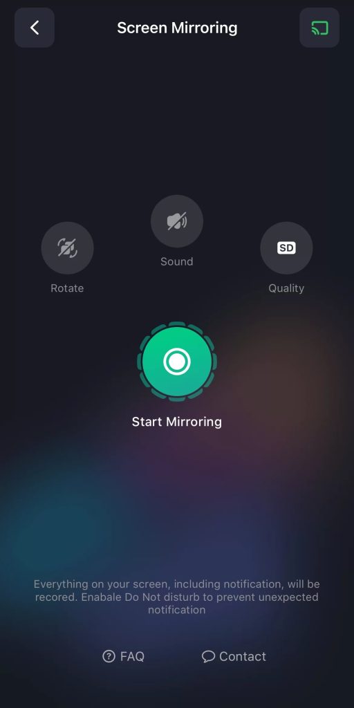 Tap on the Start Mirroring button in Screen Mirroring SmartTV Cast